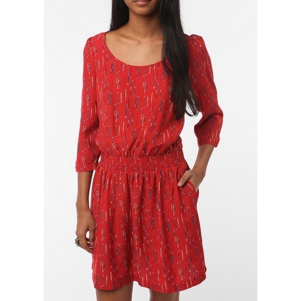 COOPERATIVE Blouson Red Print Mini Dress 3/4 Sleeve Elastic Waist Boho Casual